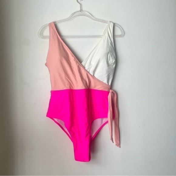 SweatyRocks One Piece V Neck Tie Front Pink & White Color Block Bathing Suit L - Picture 7 of 9